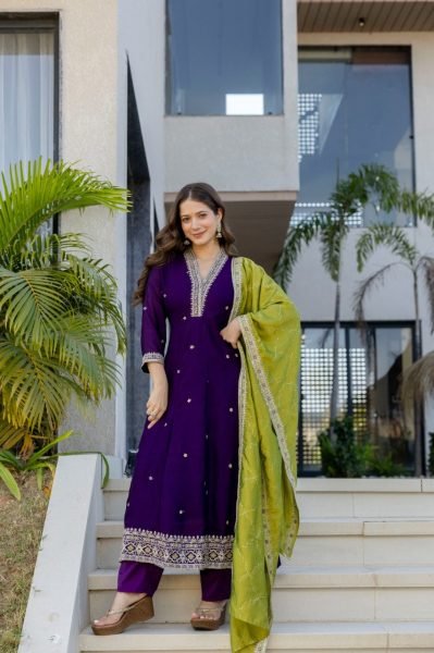 Vichitra Silk Purple Designer Anarkali Kurti Set Collection For Special Occasions  Anarkali Kurtis 