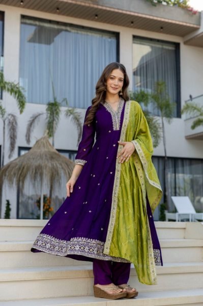 Vichitra Silk Purple Designer Anarkali Kurti Set Collection For Special Occasions  Anarkali Kurtis 