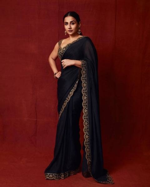 Vidya Balan Black Chinno Silk Saree with Sequence Work and Thai Silk Blouse Bollywood Fancy Sarees Wholesale