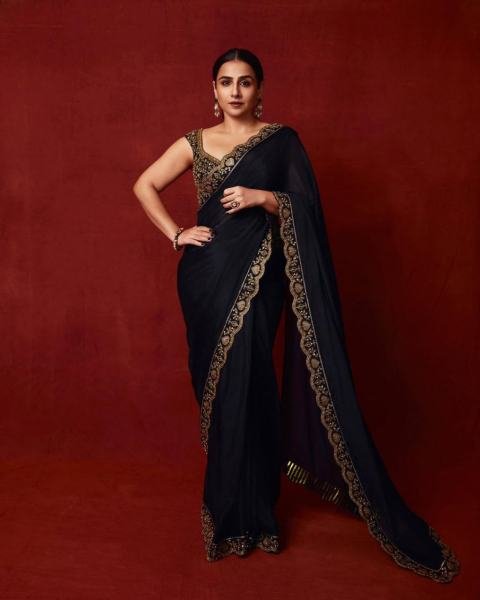 Vidya Balan Black Chinno Silk Saree with Sequence Work and Thai Silk Blouse Bollywood Fancy Sarees Wholesale