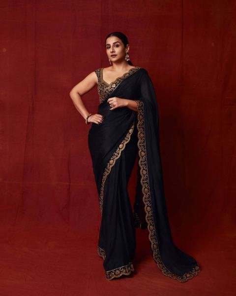 Vidya Balan Black Chinno Silk Saree with Sequence Work and Thai Silk Blouse Bollywood Fancy Sarees Wholesale