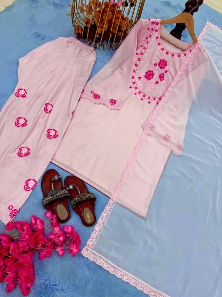 Vintage Baby Pink Natural Crepe Embroidered Kurti Set with Farshi Palazzo and Dupatta Ready To Wear Collection