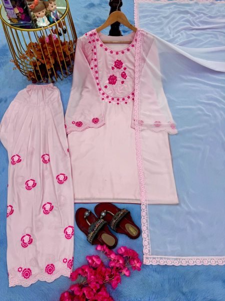 Vintage Baby Pink Natural Crepe Embroidered Kurti Set with Farshi Palazzo and Dupatta Ready To Wear Collection