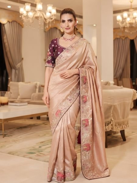 Vintage Beige Designer Kanjivaram Silk Wedding Saree with C Pallu Embroidery Work Sarees 