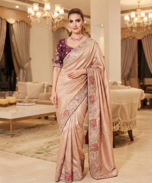 Vintage Beige Designer Kanjivaram Silk Wedding Saree with C Pallu Embroidery Work Silk Sarees Wholesale