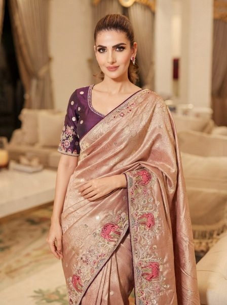 Vintage Beige Designer Kanjivaram Silk Wedding Saree with C Pallu Embroidery Work Silk Sarees Wholesale