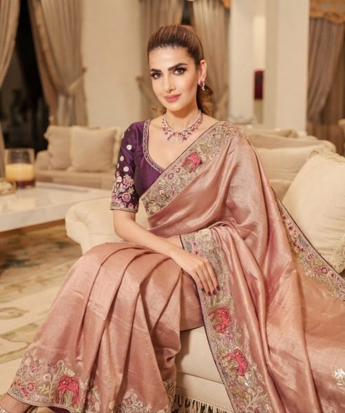 Vintage Beige Designer Kanjivaram Silk Wedding Saree with C Pallu Embroidery Work Silk Sarees Wholesale