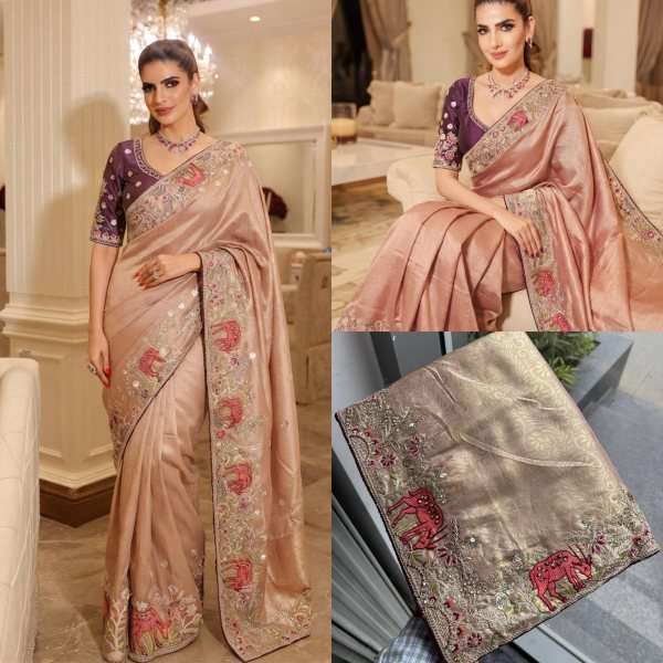 Vintage Beige Designer Kanjivaram Silk Wedding Saree with C Pallu Embroidery Work Silk Sarees Wholesale