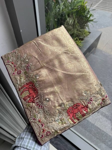 Vintage Beige Designer Kanjivaram Silk Wedding Saree with C Pallu Embroidery Work Silk Sarees Wholesale