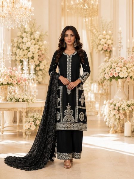 Vintage Black Chinon Silk Suit Set with Heavy Embroidered Dupatta for Women Salwar Kameez