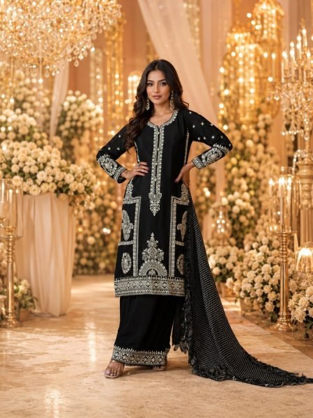 Vintage Black Chinon Silk Suit Set with Heavy Embroidered Dupatta for Women Embroidery Suits Wholesale