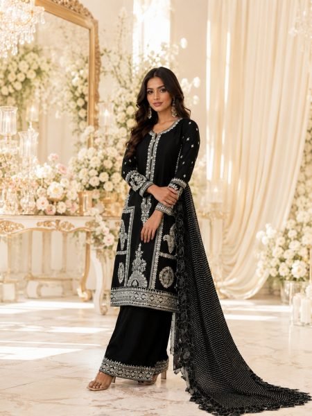 Vintage Black Chinon Silk Suit Set with Heavy Embroidered Dupatta for Women Embroidery Suits Wholesale