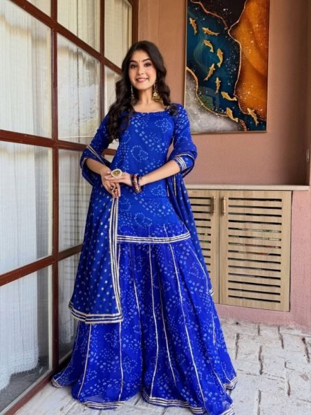Vintage Blue Printed Short Kurti Palazzo Set With Dupatta At Factory Discount Price Ready To Wear Suit