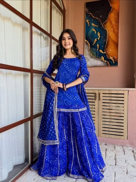 Vintage Blue Printed Short Kurti Palazzo Set With Dupatta At Factory Discount Price Ready To Wear Collection