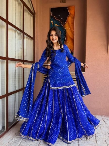 Vintage Blue Printed Short Kurti Palazzo Set With Dupatta At Factory Discount Price Ready To Wear Collection