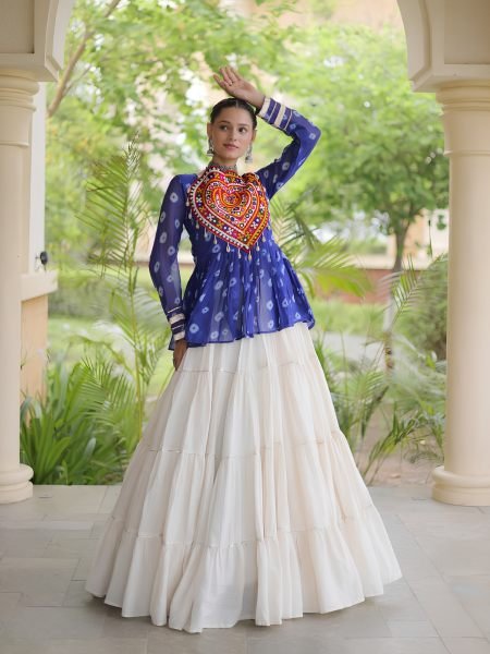 Vintage Blue White Gujarati Lehenga Choli with 12 Meter Flair For Navrati  Lehenga