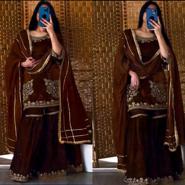 Vintage Brown Party Wear Natural Crepe Embroidered Sharara Suit with Dupatta For Festival Ready To Wear Collection