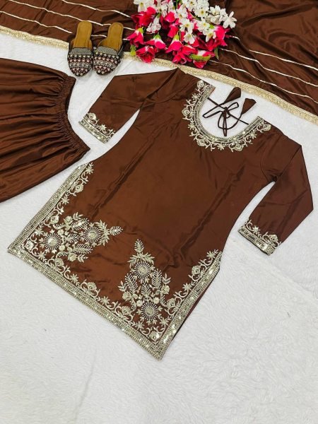 Vintage Brown Party Wear Natural Crepe Embroidered Sharara Suit with Dupatta For Festival Ready To Wear Collection