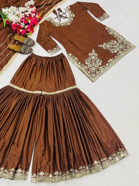 Vintage Brown Party Wear Natural Crepe Embroidered Sharara Suit with Dupatta For Festival Ready To Wear Collection