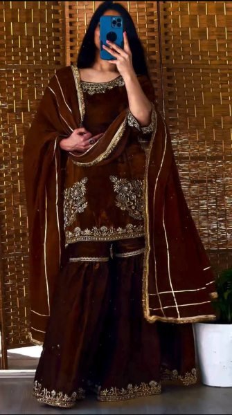 Vintage Brown Party Wear Natural Crepe Embroidered Sharara Suit with Dupatta For Festival Ready To Wear Collection