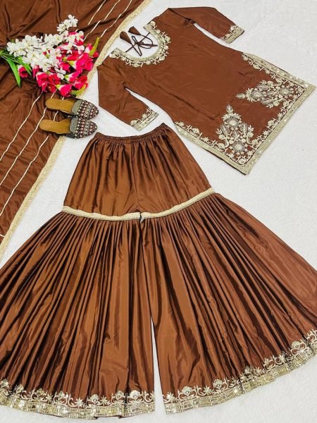 Vintage Brown Party Wear Natural Crepe Embroidered Sharara Suit with Dupatta For Festival Ready To Wear Collection