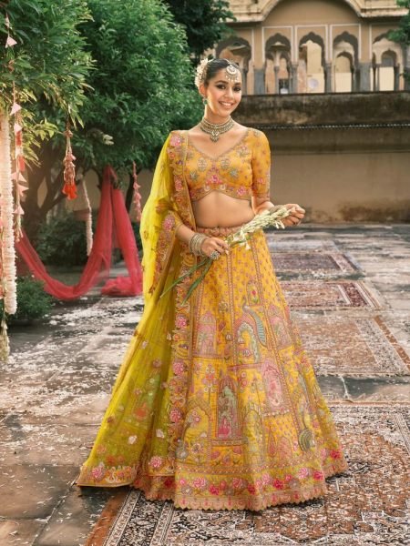 Rare Yellow Silk Lehenga with Cutwork Border for Special Occasions Bridal Lehenga Choli