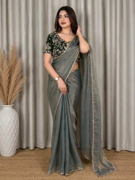 Vintage Dark Green Fandy Satin Jacquard Saree with Heavy Beads Handwork Blouse at Factory Price Sarees 