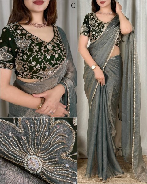 Vintage Dark Green Fandy Satin Jacquard Saree with Heavy Beads Handwork Blouse at Factory Price Designer Wedding Sarees Wholesale