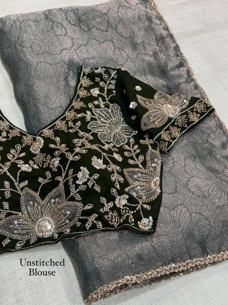 Vintage Dark Green Fandy Satin Jacquard Saree with Heavy Beads Handwork Blouse at Factory Price Designer Wedding Sarees Wholesale