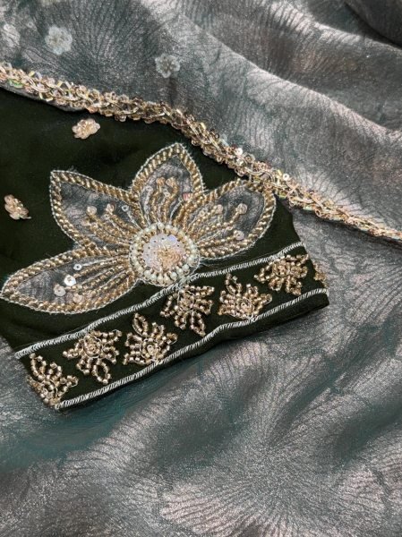 Vintage Dark Green Fandy Satin Jacquard Saree with Heavy Beads Handwork Blouse at Factory Price Designer Wedding Sarees Wholesale