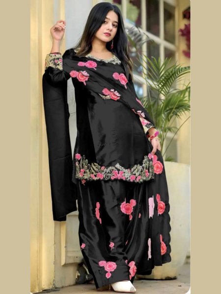 Vintage Deep Black Japan Satin Embroidered Top With Designer Farshi Salwar And Tabby Silk Embroidered Dupatta 