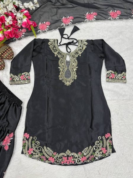 Vintage Deep Black Japan Satin Embroidered Top With Designer Farshi Salwar And Tabby Silk Embroidered Dupatta Ready To Wear Collection