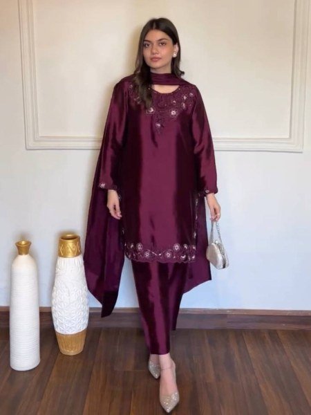 Vintage Deep Wine American Silk Suit Set with Thread and Sequins Work for Festive Wear Ready To Wear Suit