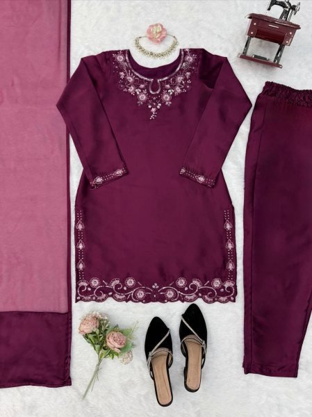 Vintage Deep Wine American Silk Suit Set with Thread and Sequins Work for Festive Wear Ready To Wear Collection