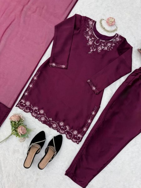 Vintage Deep Wine American Silk Suit Set with Thread and Sequins Work for Festive Wear Ready To Wear Collection