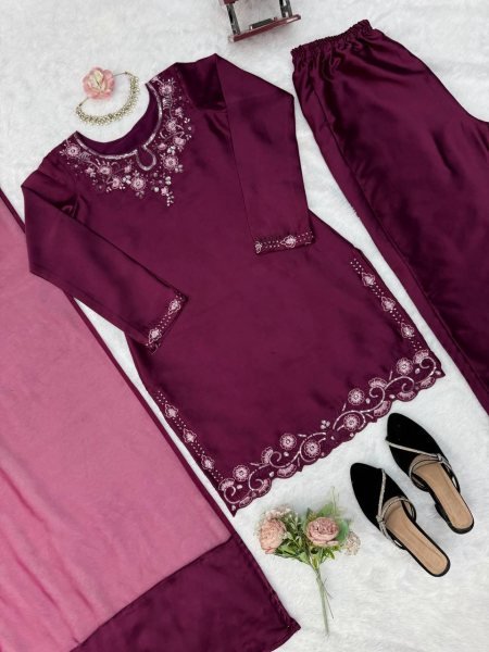 Vintage Deep Wine American Silk Suit Set with Thread and Sequins Work for Festive Wear Ready To Wear Collection