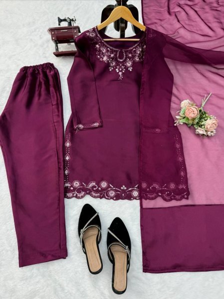 Vintage Deep Wine American Silk Suit Set with Thread and Sequins Work for Festive Wear Ready To Wear Collection