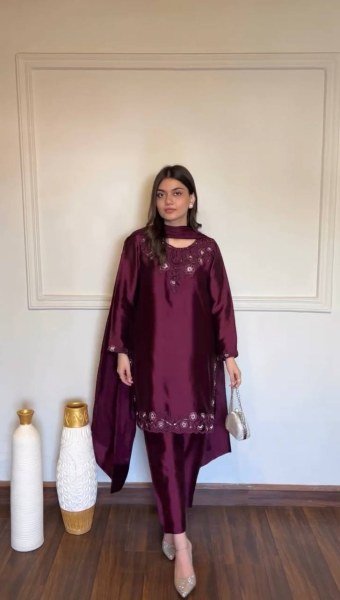 Vintage Deep Wine American Silk Suit Set with Thread and Sequins Work for Festive Wear Ready To Wear Collection