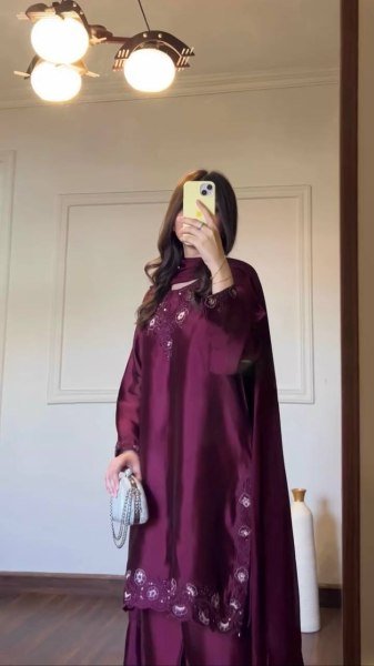 Vintage Deep Wine American Silk Suit Set with Thread and Sequins Work for Festive Wear Ready To Wear Collection