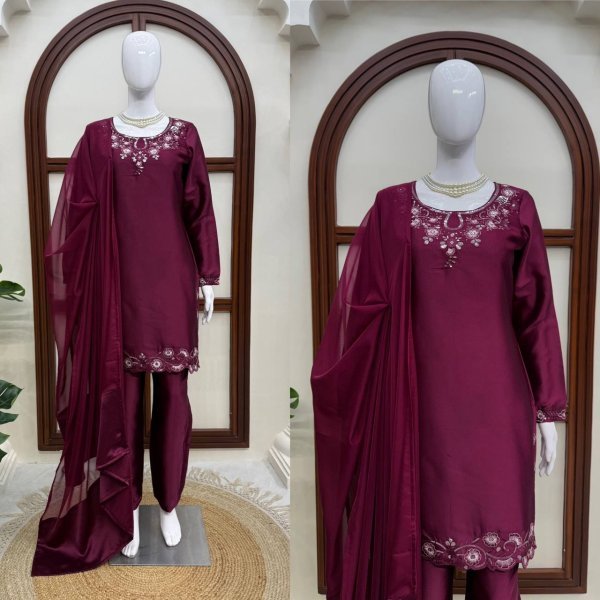 Vintage Deep Wine American Silk Suit Set with Thread and Sequins Work for Festive Wear Ready To Wear Collection