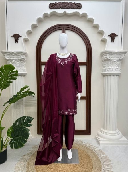 Vintage Deep Wine American Silk Suit Set with Thread and Sequins Work for Festive Wear Ready To Wear Collection