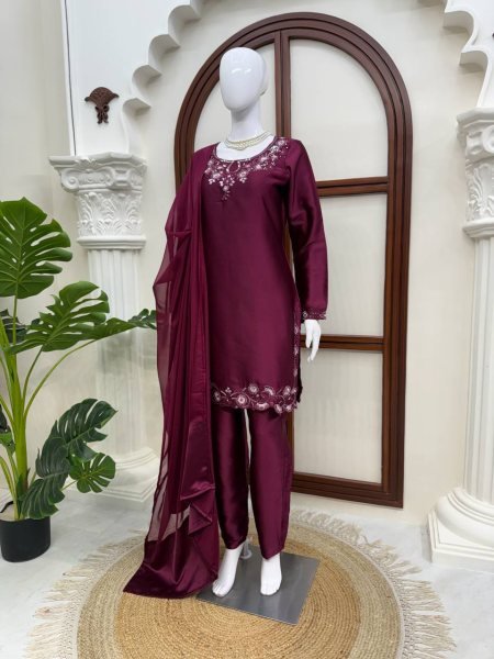 Vintage Deep Wine American Silk Suit Set with Thread and Sequins Work for Festive Wear Ready To Wear Collection