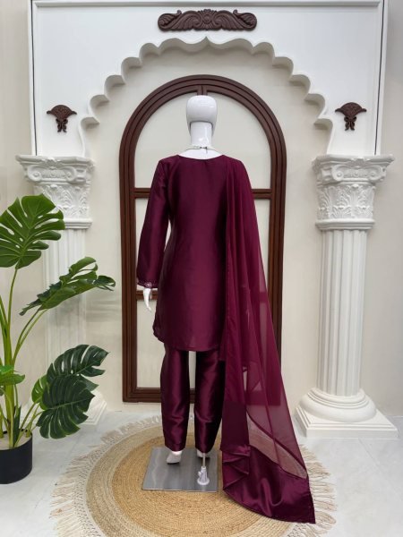 Vintage Deep Wine American Silk Suit Set with Thread and Sequins Work for Festive Wear Ready To Wear Collection