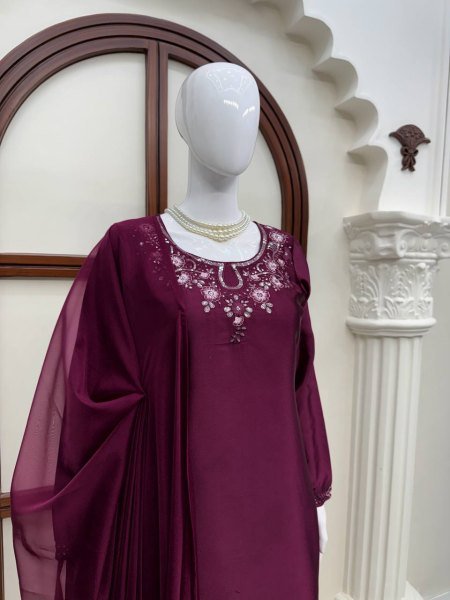 Vintage Deep Wine American Silk Suit Set with Thread and Sequins Work for Festive Wear Ready To Wear Collection