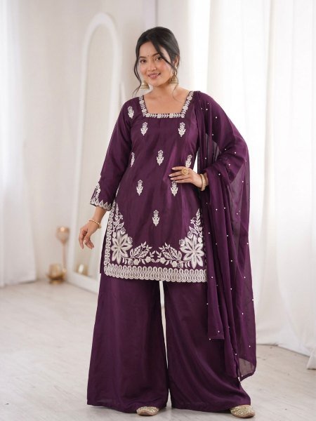 Vintage Deep Wine Purple Embellishment Work of Sequins Top With Plazzo And Solid Plain Dupatta  Ready To Wear Suit