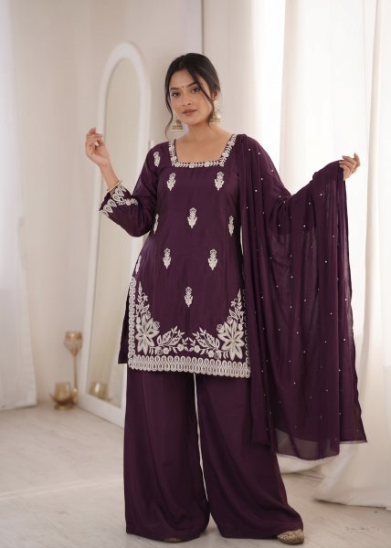 Vintage Deep Wine Purple Embellishment Work of Sequins Top With Plazzo And Solid Plain Dupatta  Ready To Wear Collection