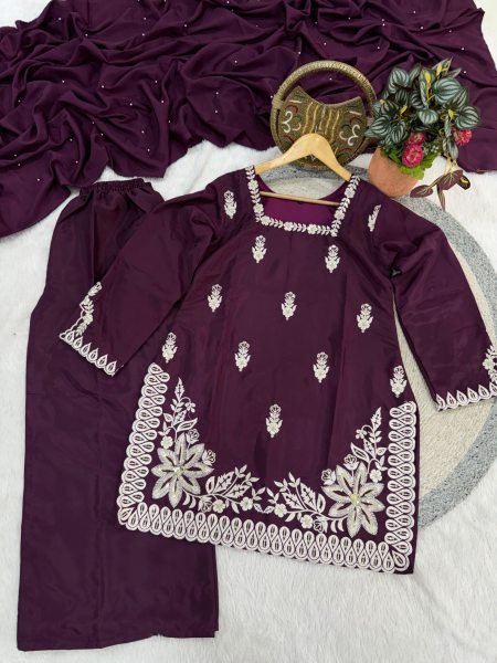 Vintage Deep Wine Purple Embellishment Work of Sequins Top With Plazzo And Solid Plain Dupatta  Ready To Wear Collection