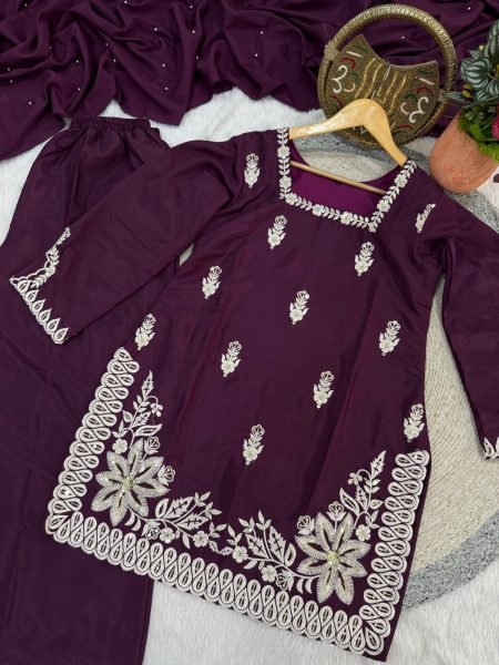 Vintage Deep Wine Purple Embellishment Work of Sequins Top With Plazzo And Solid Plain Dupatta  Ready To Wear Collection