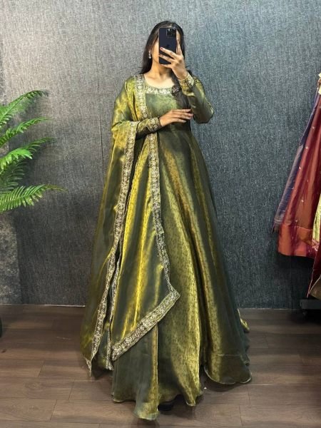 Vintage Green Fendy Silk Jacquard Gown with Embroidered Sequin Dupatta 