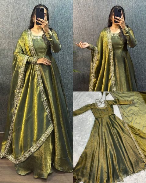 Vintage Green Fendy Silk Jacquard Gown with Embroidered Sequin Dupatta Ready To Wear Collection
